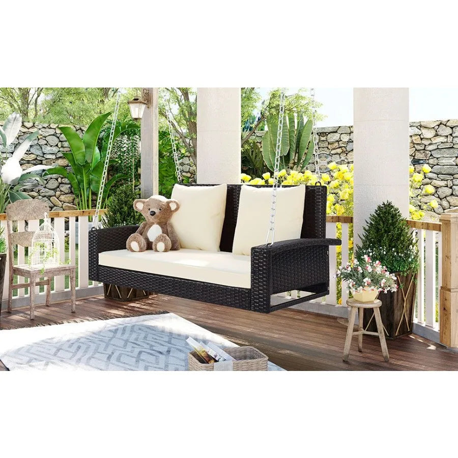GO 2Person Wicker Hanging Porch Swing with Chains Cushion Pillow Rattan Swing Bench for Garden Backyard Pond. Brown Wicker Beig