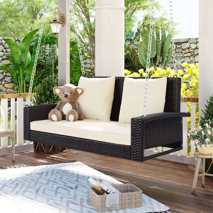 GO 2Person Wicker Hanging Porch Swing with Chains Cushion Pillow Rattan Swing Bench for Garden Backyard Pond. Brown Wicker Beig