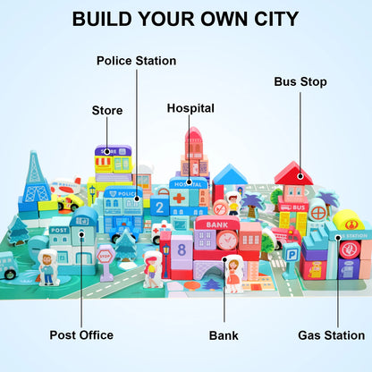 Wooden Building Blocks Set with City Map, Wooden Blocks City Construction