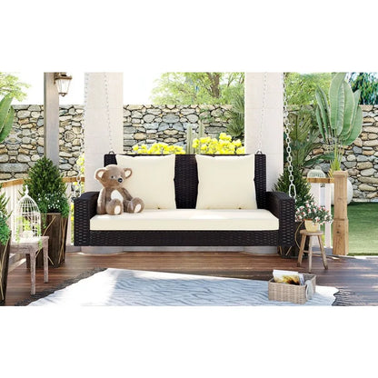 GO 2Person Wicker Hanging Porch Swing with Chains Cushion Pillow Rattan Swing Bench for Garden Backyard Pond. Brown Wicker Beig