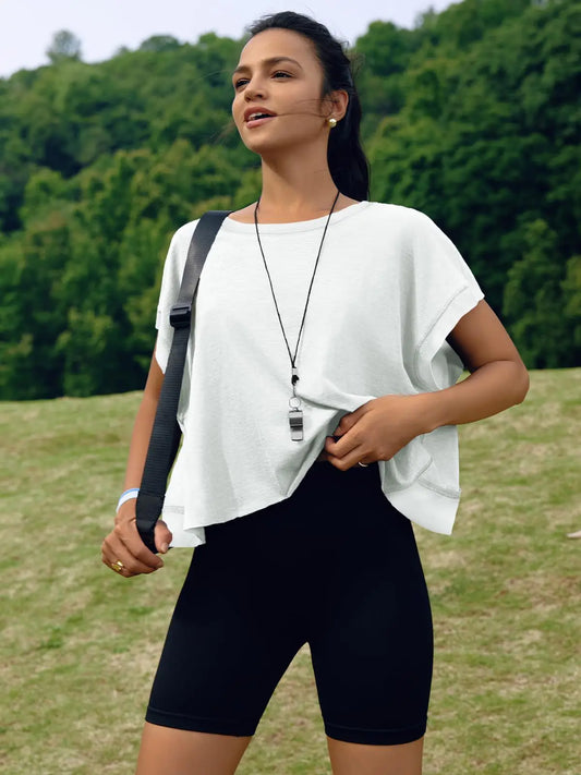 Women’s Summer Cotton Workout Tops Open Back Short Sleeve Blouses Y2k Athletic T-shirt Casual Gym Yoga Tee