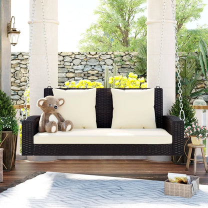GO 2Person Wicker Hanging Porch Swing with Chains Cushion Pillow Rattan Swing Bench for Garden Backyard Pond. Brown Wicker Beig