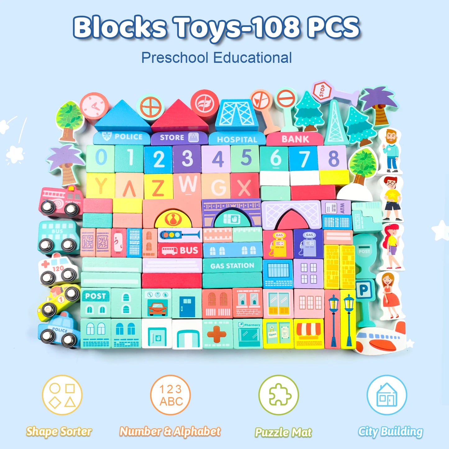 Wooden Building Blocks Set with City Map, Wooden Blocks City Construction