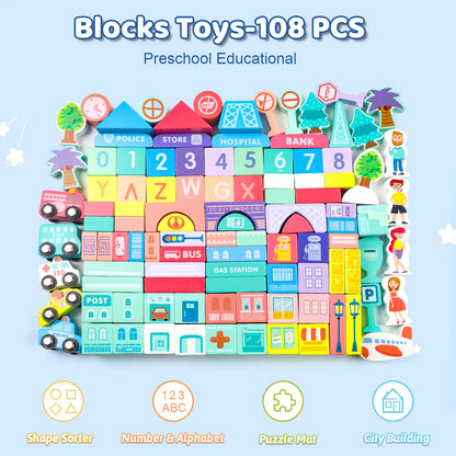Wooden Building Blocks Set with City Map, Wooden Blocks City Construction