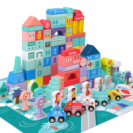 Wooden Building Blocks Set with City Map, Wooden Blocks City Construction